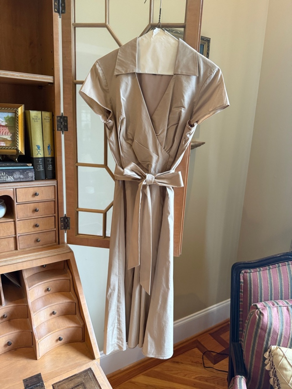 Taupe Wrap Midi Dress with Belt
